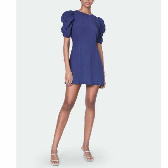 Billie the Label Helena Mini Dress Shirred Short Puff Sleeves Navy Blue Size 10 - Picture 1 of 11